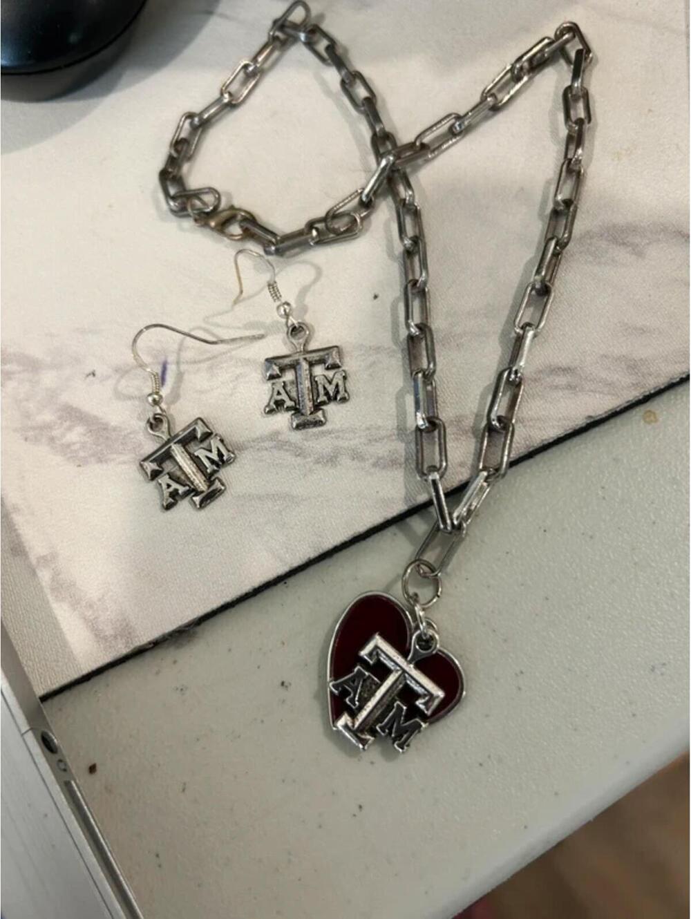 Texas A&M Logo Heart Necklace & Earrings